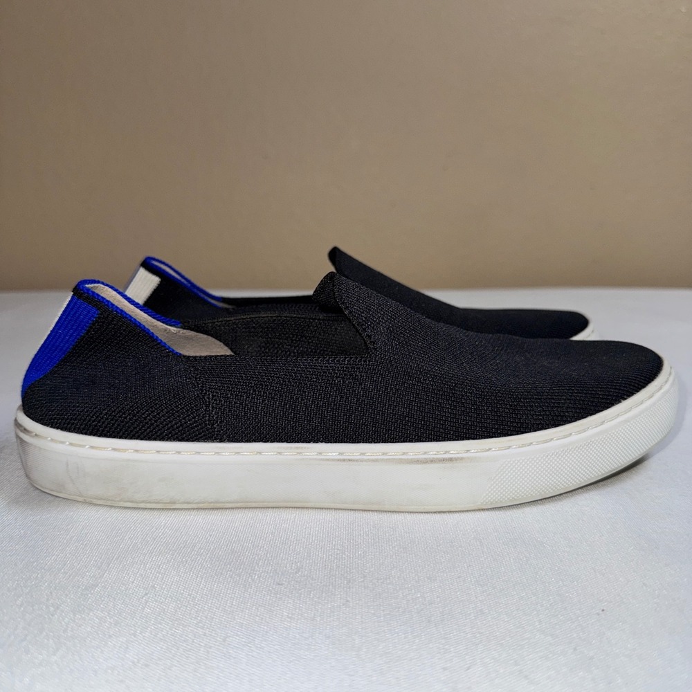 Rothys The Sneaker Black Solid Slip On Knit Shoes Womens 8 Blue Stripe Heel